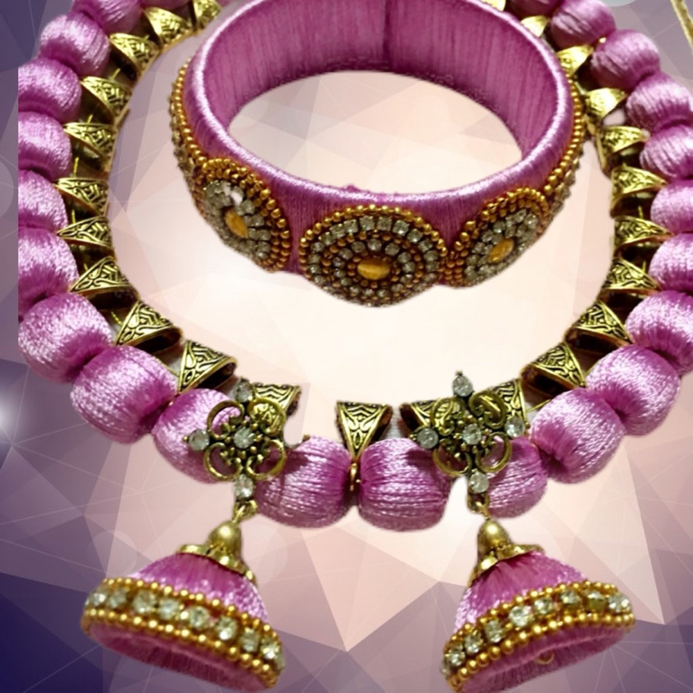 Silk thread necklace with bangle and earrings